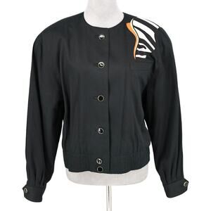 Louis Feraud Jacket Womens 8 Black Lined Embroidered Cotton Buttons Vintage